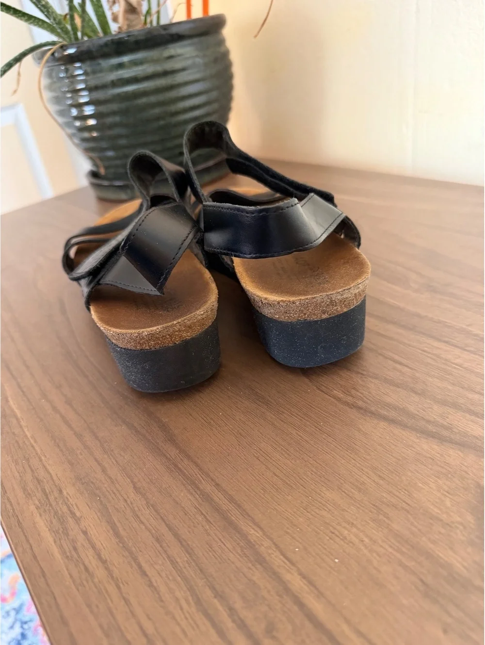 Naot Kayla Black Leather Cork Footbed Wedge Sandals Womens EU 41